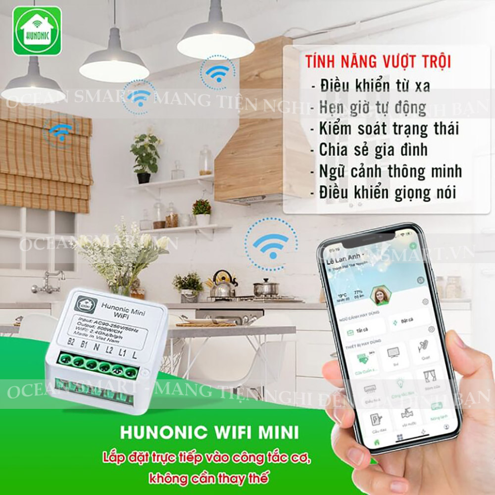 Công Tắc Thông Minh Wifi Hunonic Mini, Công Tắc Điều Khiển Từ Xa Qua Điện Thoại - HNMN02