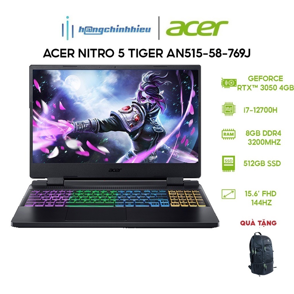 Laptop Acer Nitro5 Tiger AN515-58-769J(i7-12700H|8GB|512GB|RTX3050 4GB|15.6' FHD 144Hz|W11 Hàng chính hãng