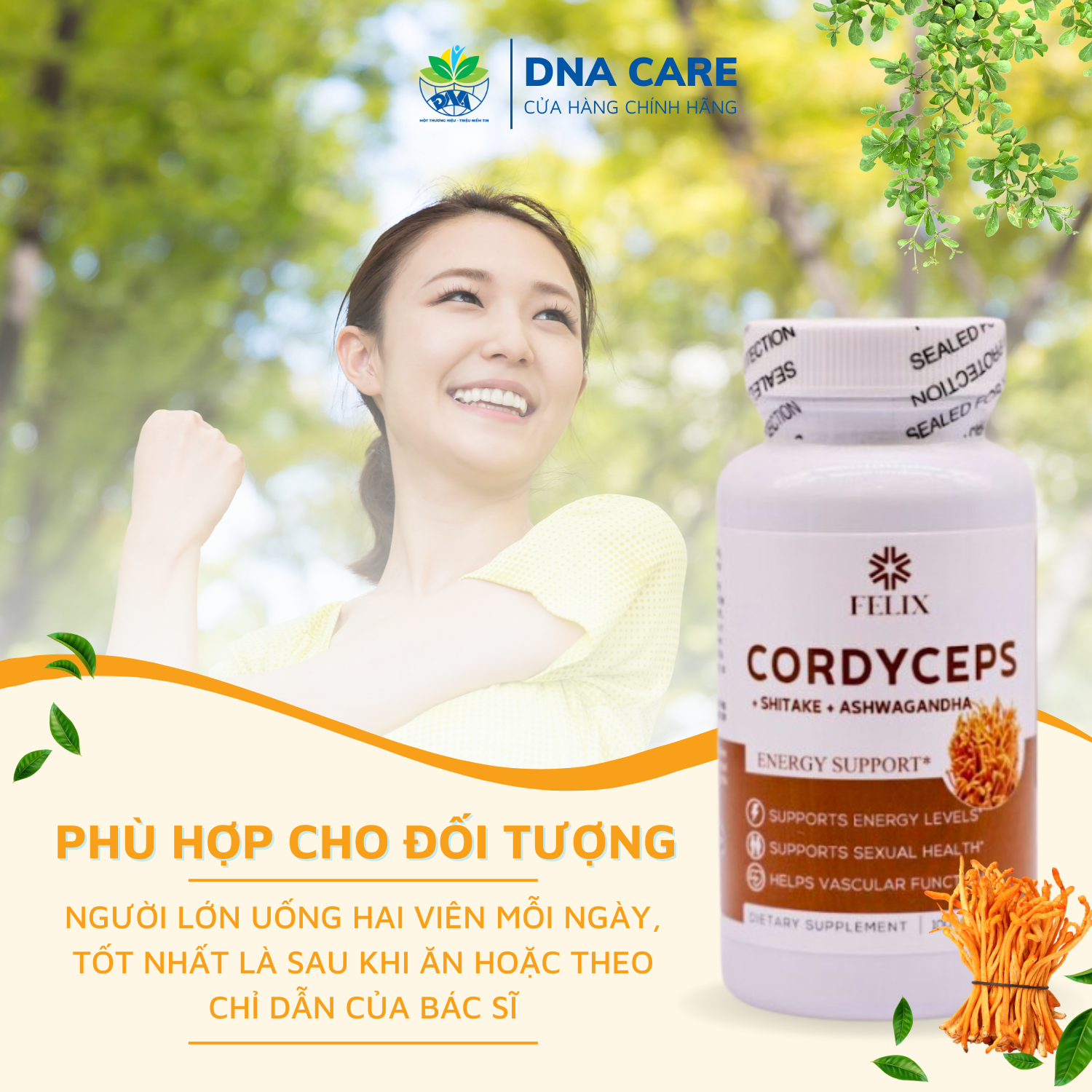 Viên nang đông trùng hạ thảo Cordyceps Mỹ Felix hộp 30/100 viên