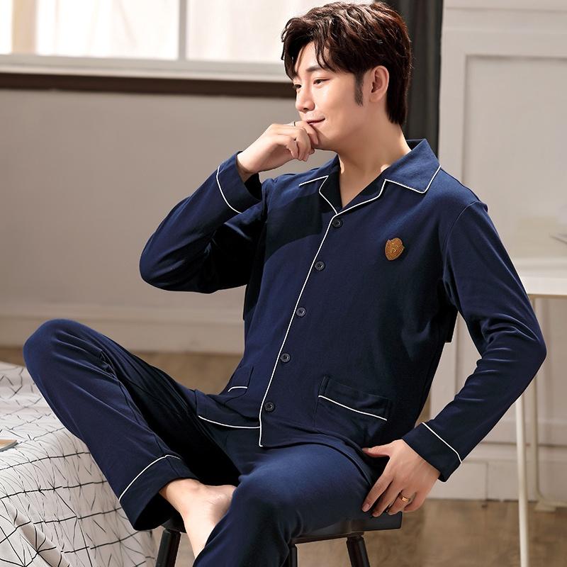 0113-Bộ Pijama nam dài tay cotton 100% màu xanh navy gọn dáng, phù hợp những ai thích đơn giản, sang trọng