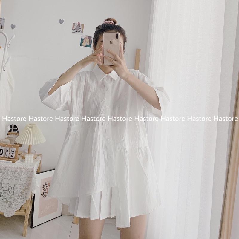 Sơ mi lệch tà trắng / xanh