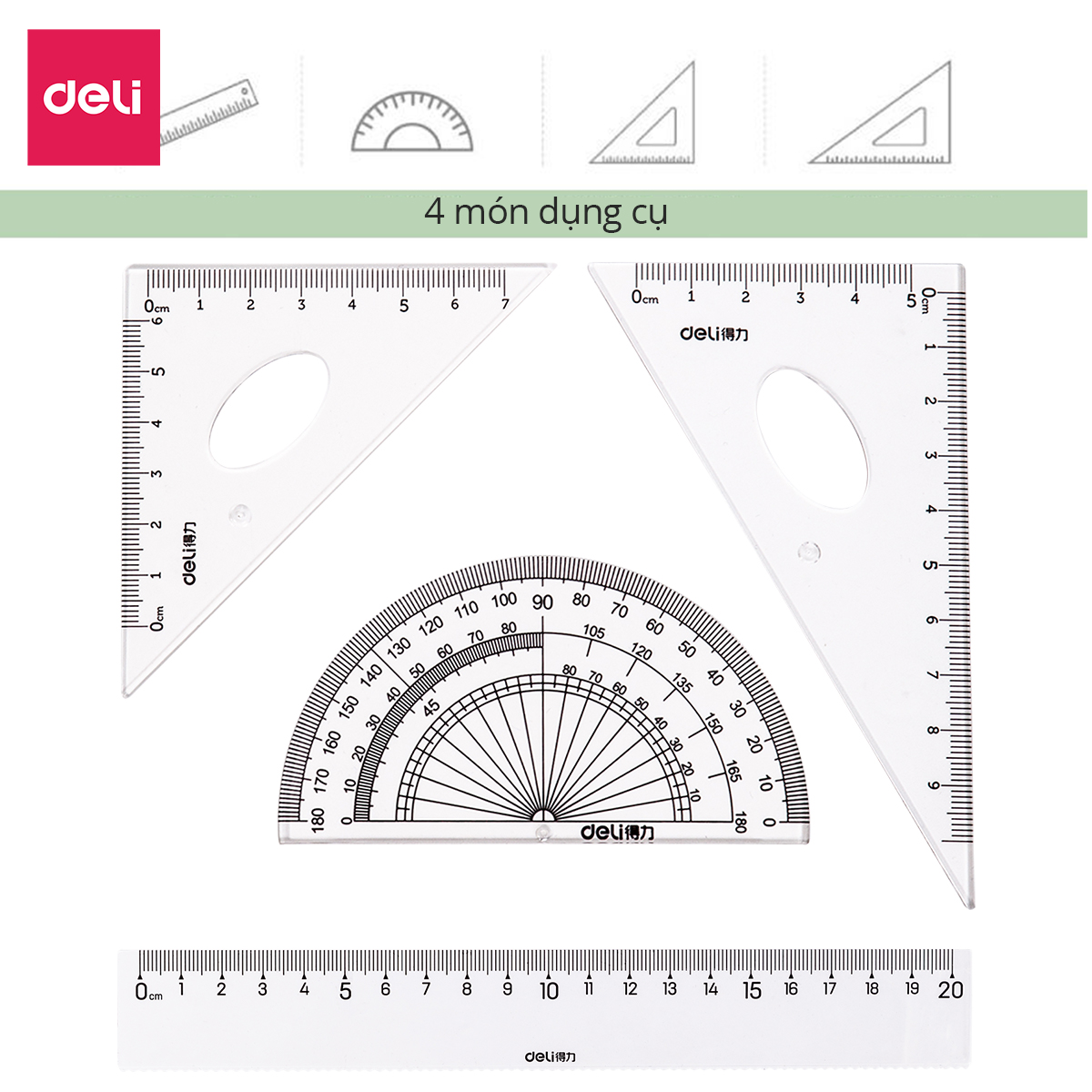 Bộ thước kẻ, thước đo độ, eke học sinh - Bộ dụng cụ học tập 4 chiếc  - 79529