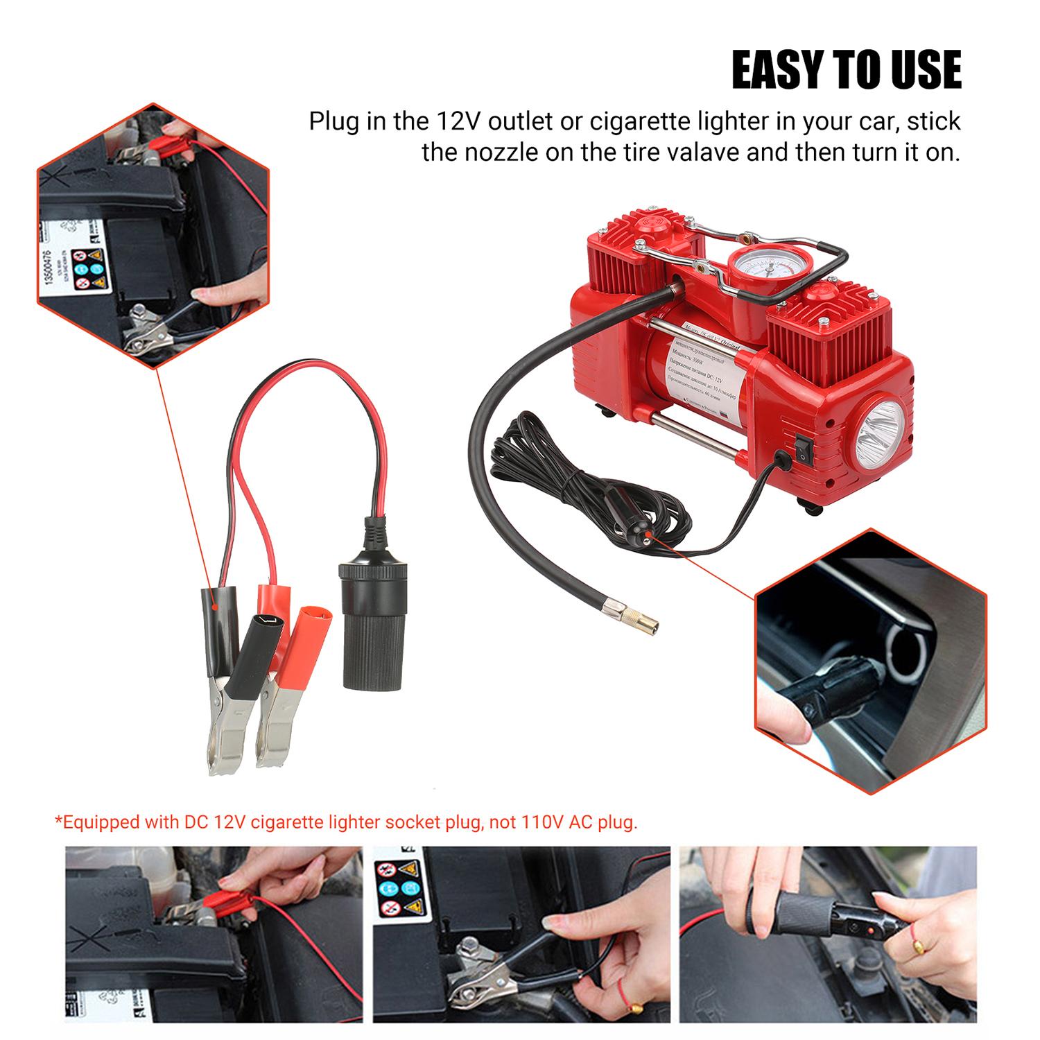DC12V Dual Cylinder Air Compressor Portable Tire Inflator Emergency Car Air Pump with 3 Nozzles Extended Tube Carrying