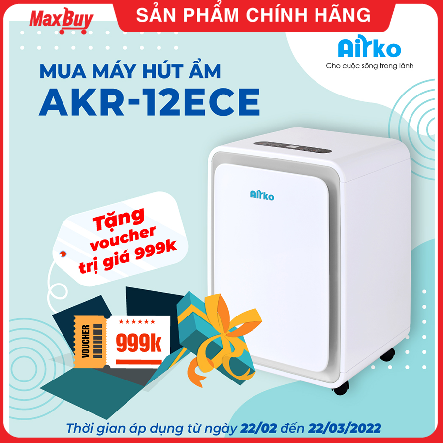 Máy hút ẩm và lọc không khí chĩnh hãng AIRKO AKR-12ECE - 12L/ngày (40m2)/ Hút ẩm nhanh/ Bộ lọc carbon hoạt tính