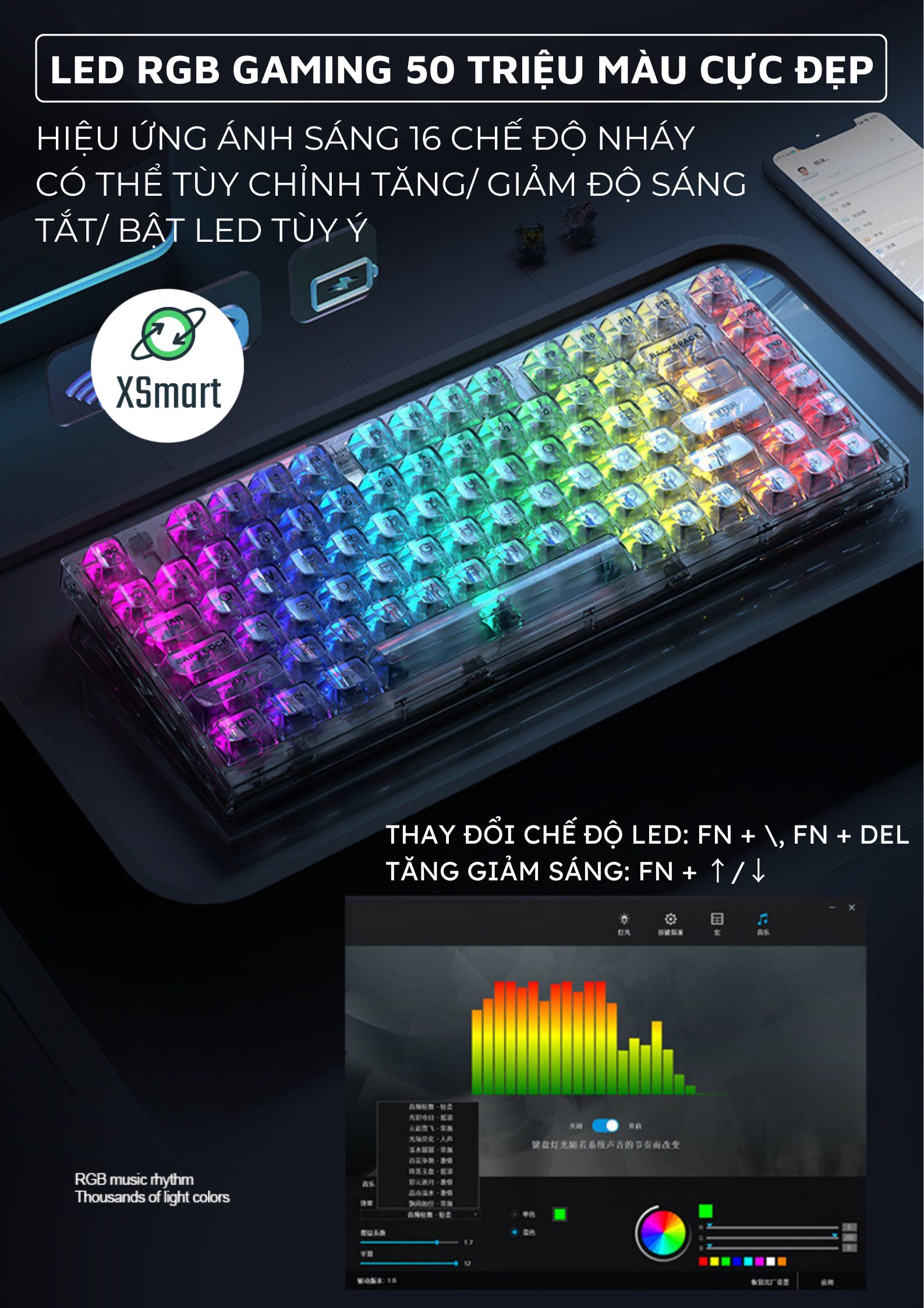 Bàn Phím Cơ Trong Suốt X75 Esport Cao Cấp LED RGB 16 Chế Độ Trục Cơ White Switch Có HOTSWAP Cho Máy Tính, Laptop, PC- Hàng Chính Hãng