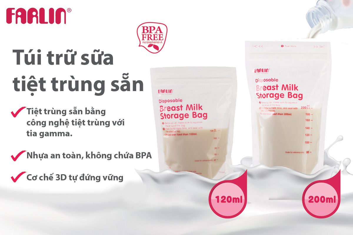 Túi trữ sữa Farlin 200ml -  Hộp 20 túi tặng 02 túi - Tiệt trùng - Chịu Nhiệt đến 110 độC - Không có BPA - BP-869.1