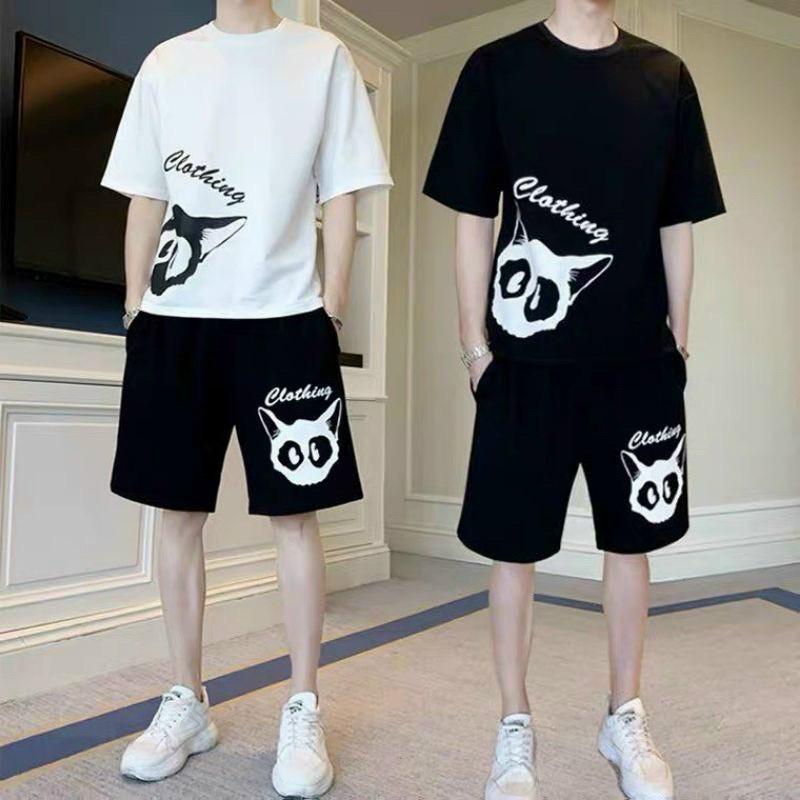 Bộ Quần Áo Thun Nam Ngắn Tay In Hình Mèo CLOTHINGS - Bộ Hè Nam Tay Cổ Tron Tay Lỡ Chất Thun Lạnh Co Dãn 4 Chiều