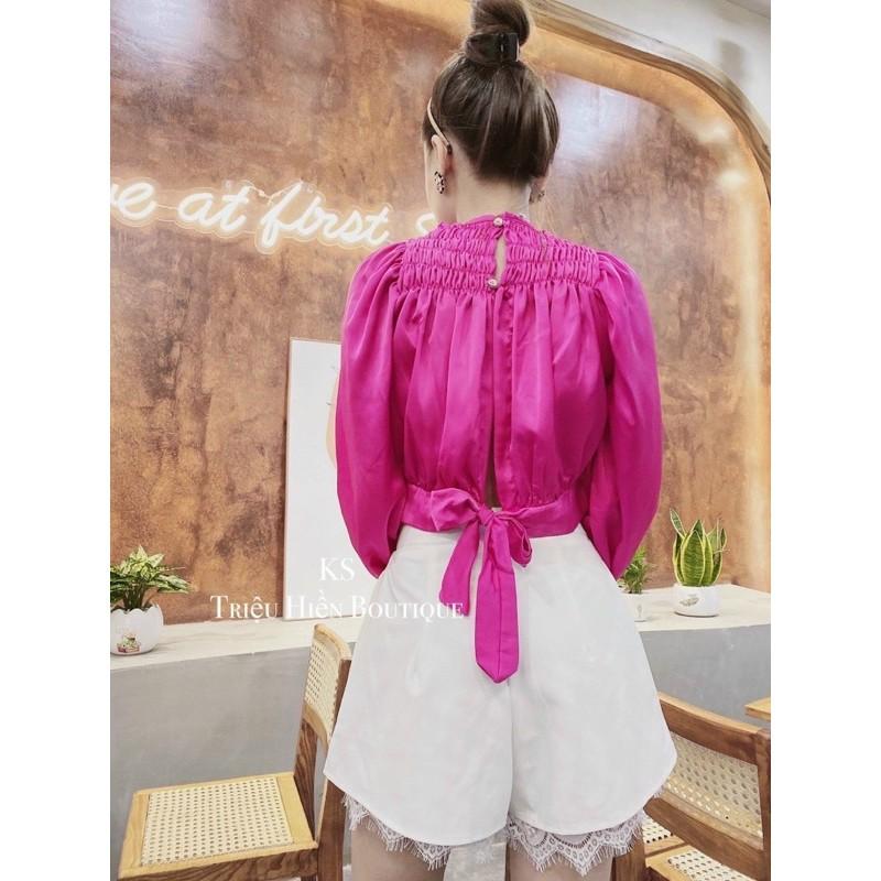 Áo croptop cột nơ sau, cổ áo có may nhún, màu hot