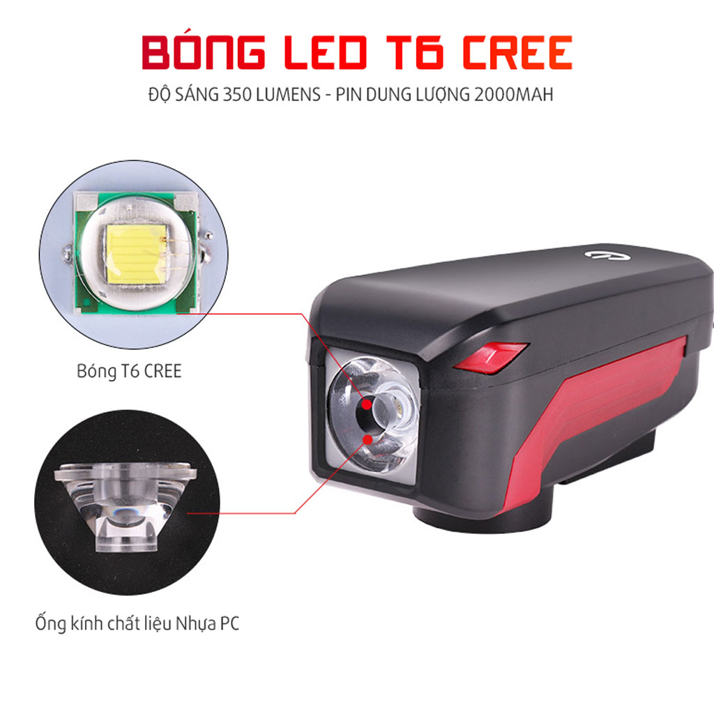 Đèn Xe Đạp Có Còi T6 350lumens Pin 2000mAh Còi âm thanh lớn 140dB MaiLee