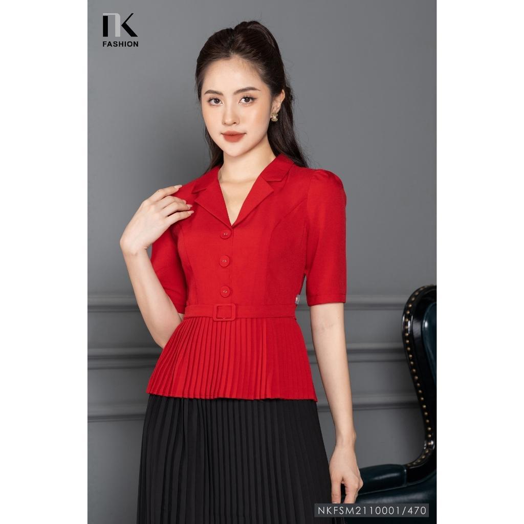 Áo Ký Giả Peplum Dập Ly UK Fashion Thiết Kế Tay Ngắn Bo Eo Điệu, Chất Liệu Nhập Hàn Mềm Mịn NKFSM2110001