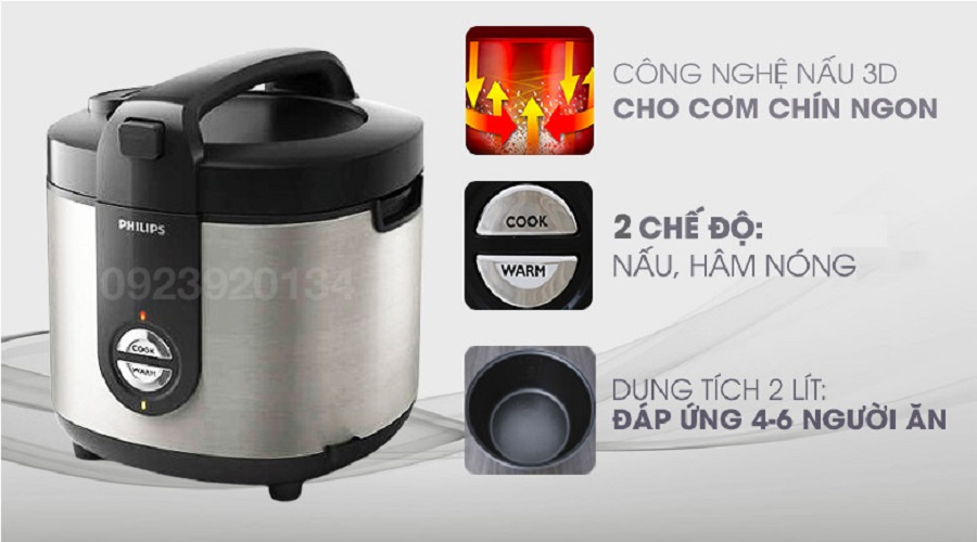 Nồi cơm điện 2 lít, công nghệ nấu 3D Philips HD3132/66 - Hàng chính hãng