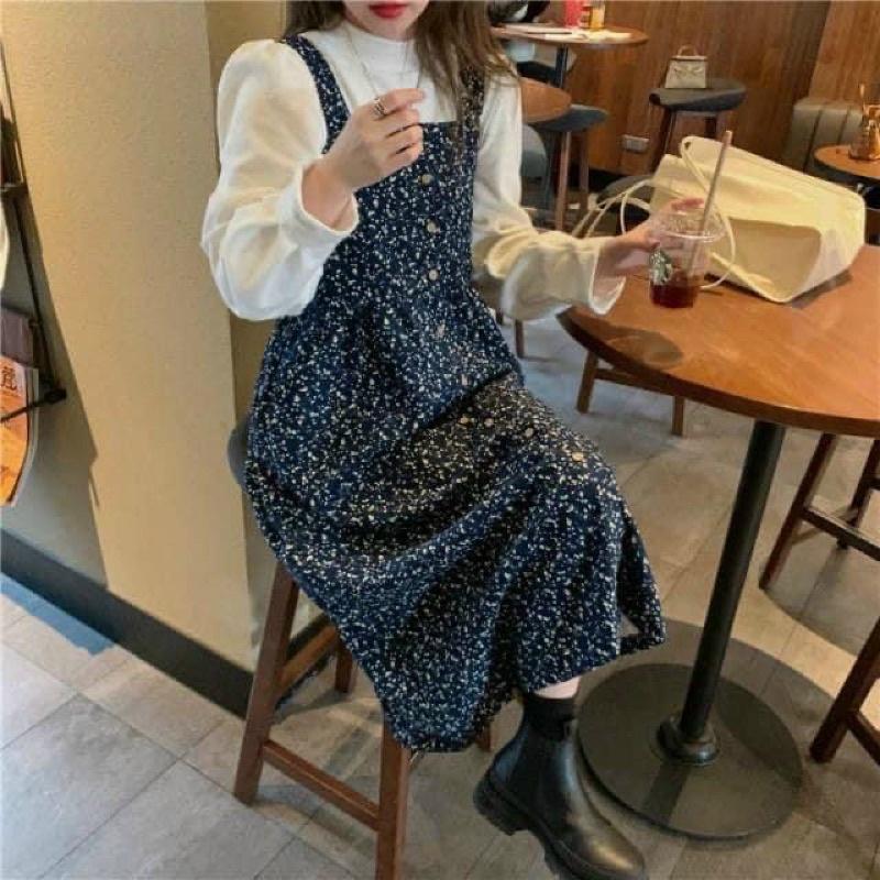 Sét Áo Tay Dài Mix Yếm Hoa Dày Dặn Yếm Dáng Dài Kiểu Vintage Siêu Xinhh