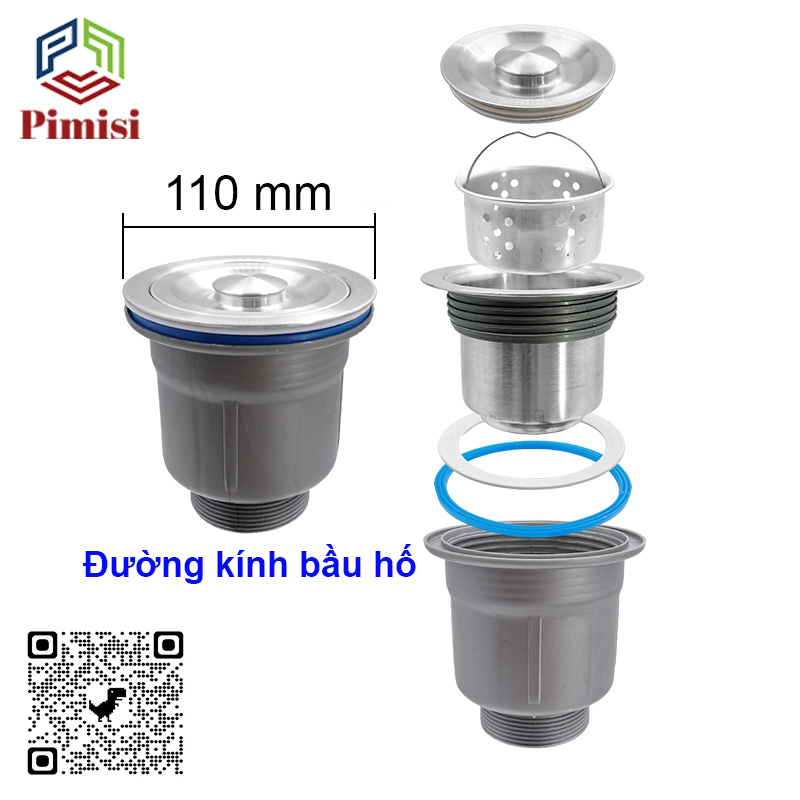 Xi Phông Chậu Rửa Chén Bát 2 Hốc Phi 110 Pimisi Cao Cấp Đầu Bầu Inox 304 - Dùng Để Xả Thải Nước Chậu Rửa Bát Đôi Dập Đúc Loại Ống Thải Nước To Bằng Nhựa Chun Uốn, Bầu Chống Mùi Hôi Và Giảm Dầu Mỡ Xuống Ống Dẫn - Có Đầu Thoát Tràn | Hàng Chính Hãng