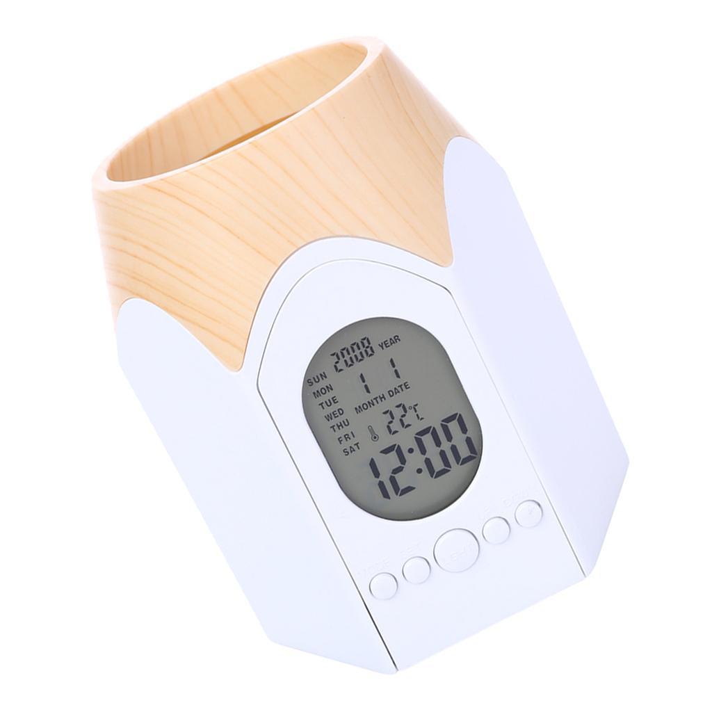 LCD Desktop Alarm Clock Calendar Pen Pencil Stationery Holder Container