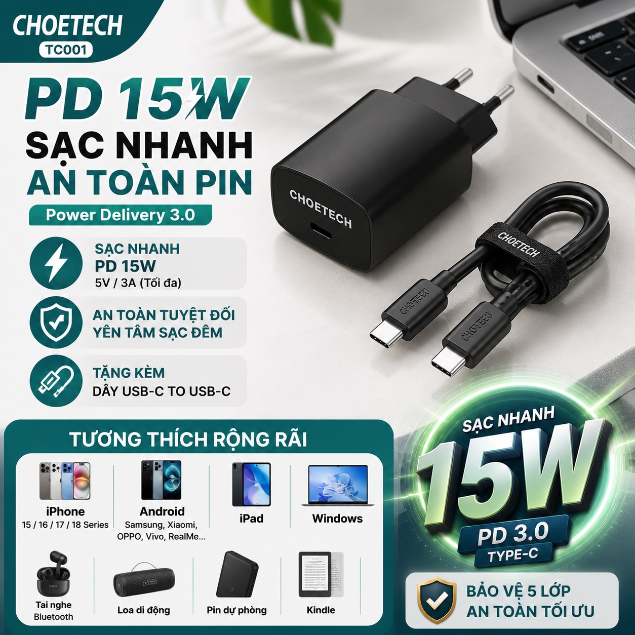 Bộ Củ Sạc Nhanh CHOETECH TC001 PD 3.0 15W Type-C | Tặng Cáp Type-C Sạc Nhanh An Toàn Pin Chip IC Thông Minh Cho iPhone Samsung Xiaomi OPPO Vivo cho iPad Tai Nghe Pin Dự Phòng - Hàng nhập khẩu