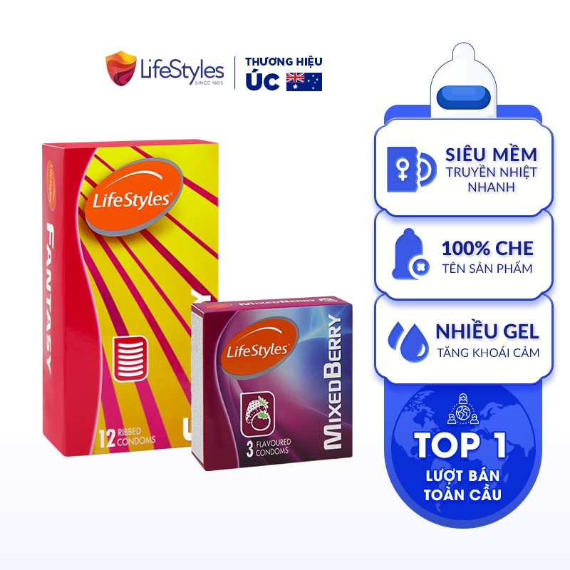 Combo 1 Hộp Bao Cao Su LifeStyles Fantasy 12 bao + 1 Hộp Bao Cao Su LifeStyles Mixed Berry 3 bao
