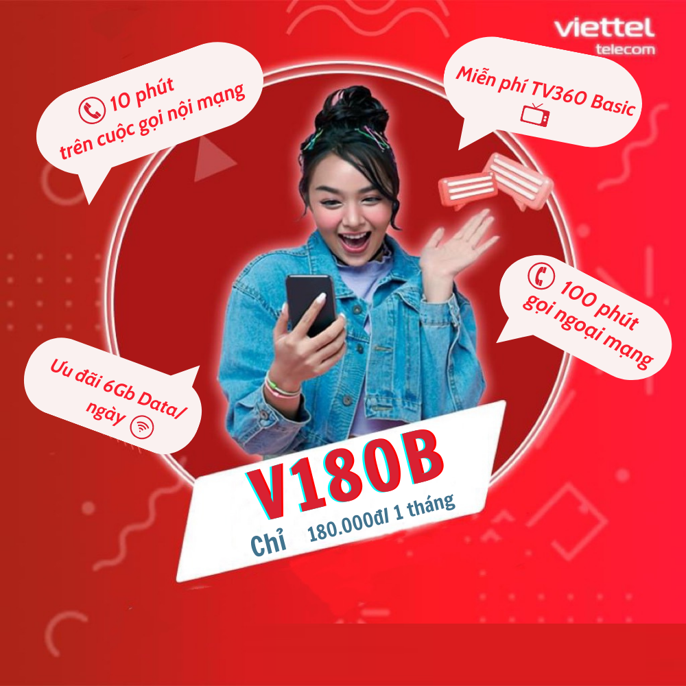 SIM 4G VIETTEL 12V180B 6GB/Ngày + Miễn Phí 100 Phút Gọi Ngoại Mạng + 1 Tỷ Phút Nội Mạng. Trọn Gói 12 Tháng Không Cần Nạp Tiền. Được Bán Tại SimTheVN - Hàng Chính Hãng