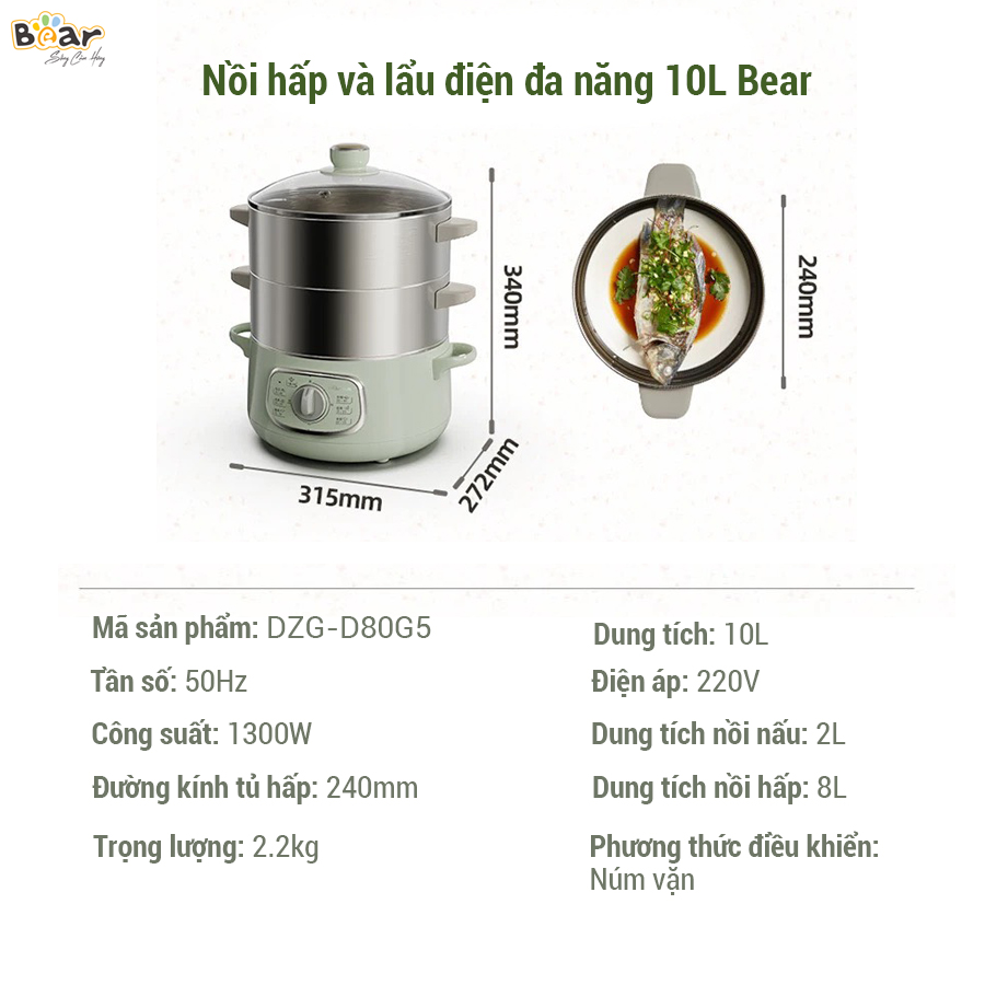 Nồi Hấp Điện 3 Tầng Bear 10L Hấp Đa Năng, Bánh Bao, Xôi, Đồ Ăn Dặm Cho Bé DZG-D80G5 - Hàng Chính Hãng