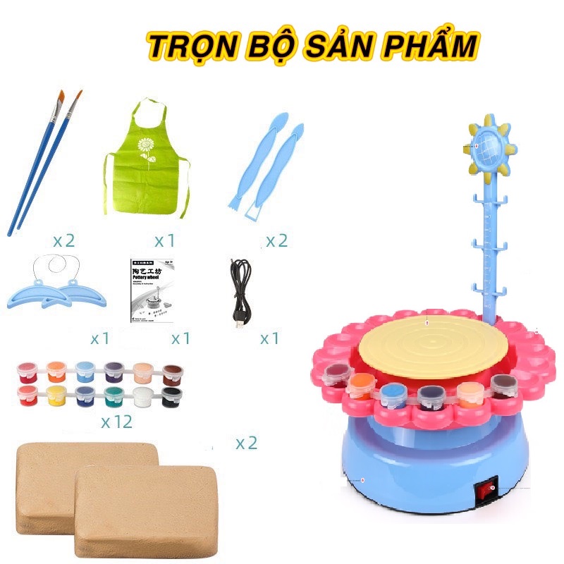 Đồ chơi máy làm gốm sứ handmade bằng đất sét cao cấp kèm tạp dề và 12 màu tô dễ thương cho bé, quà tặng sinh nhật