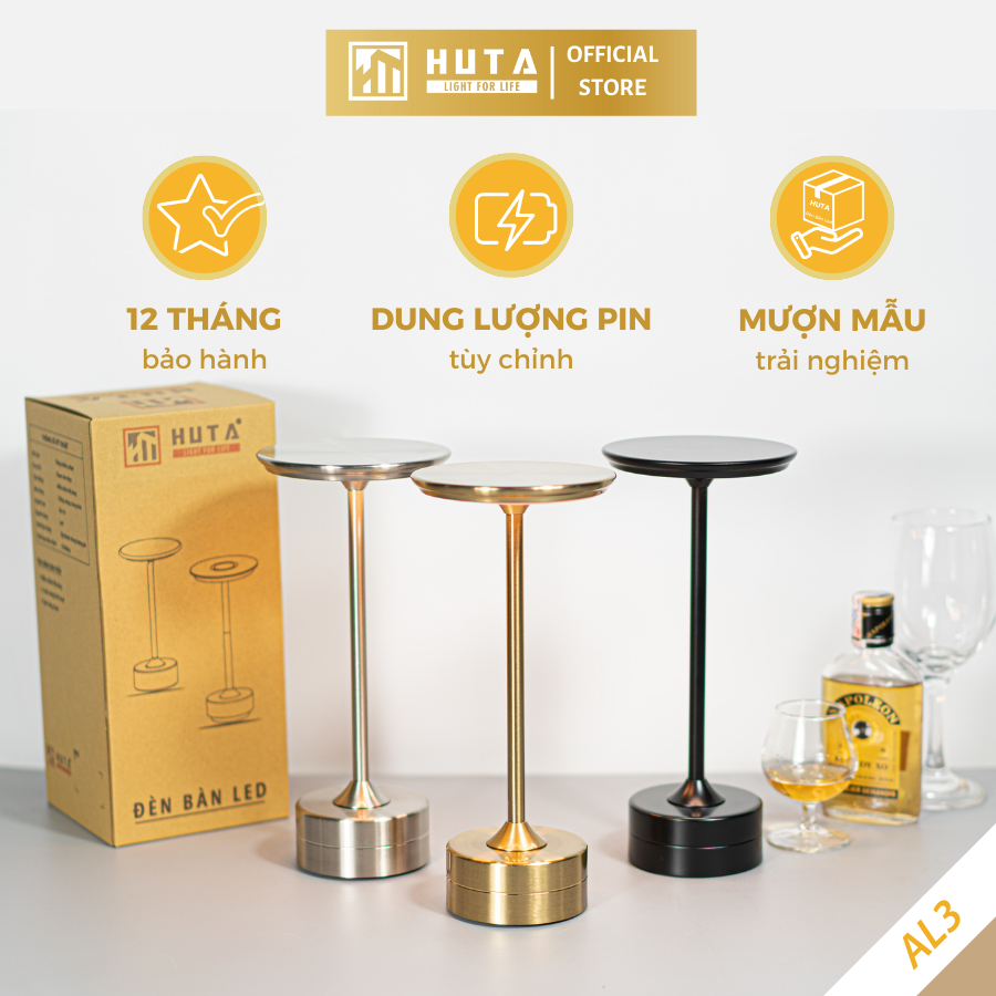 Đèn Bàn Led Quầy Bar Nhà Hàng HUTA AL3 Sang Trọng Cảm Ứng Pin Sạc Tích Điện USB Điều Chỉnh Ánh Sáng Vàng Trang Trí Quán Cà Phê Lounge Sự Kiện