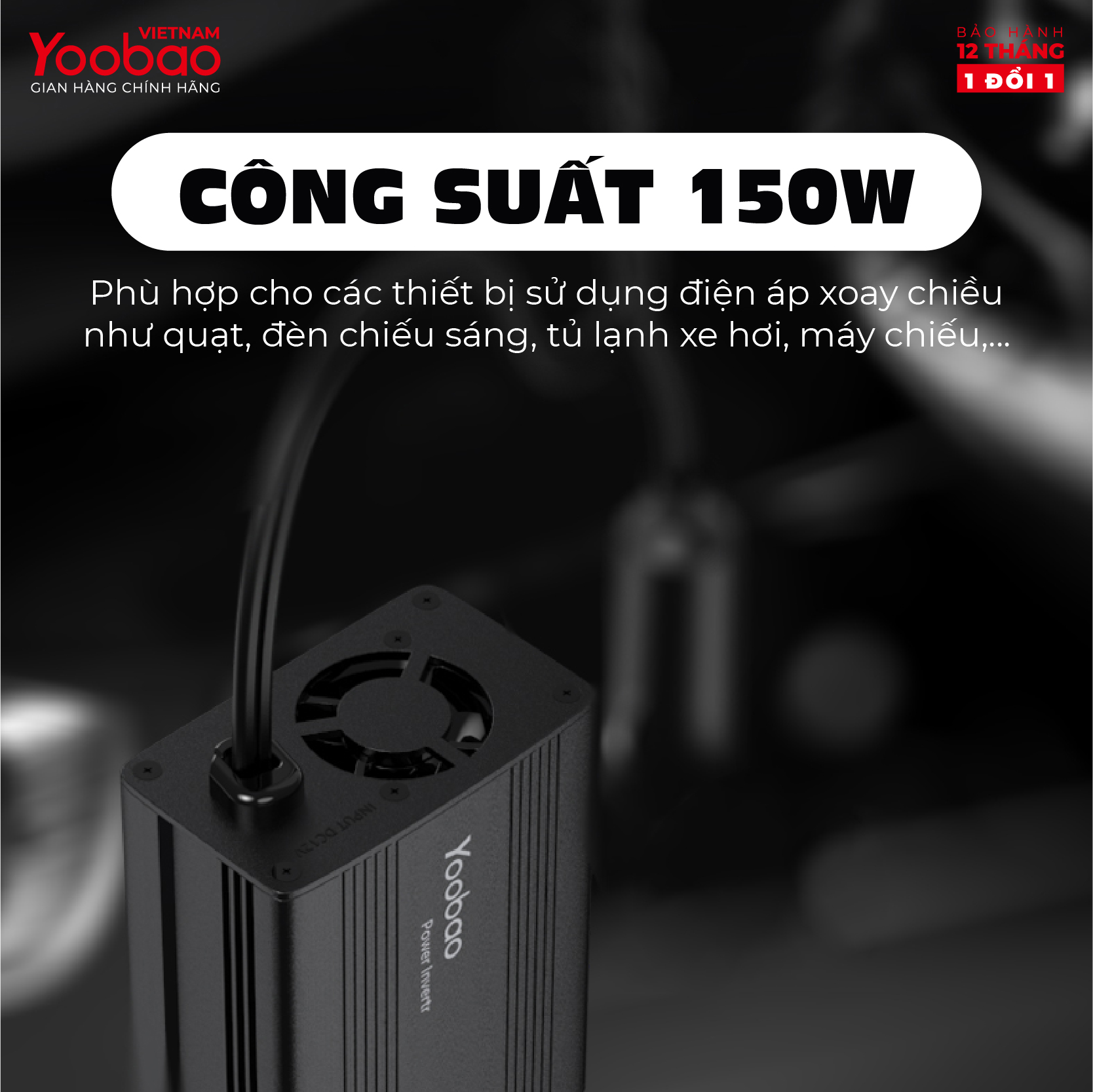 Bộ biến tần ô tô Yoobao 150W từ 12V sang 220V - Hàng chính hãng