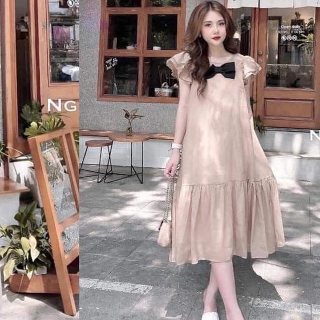 Váy bầu thời trang thiết kế nơ sát lách chất voan hai lớp freesize từ 45 đến 70kg