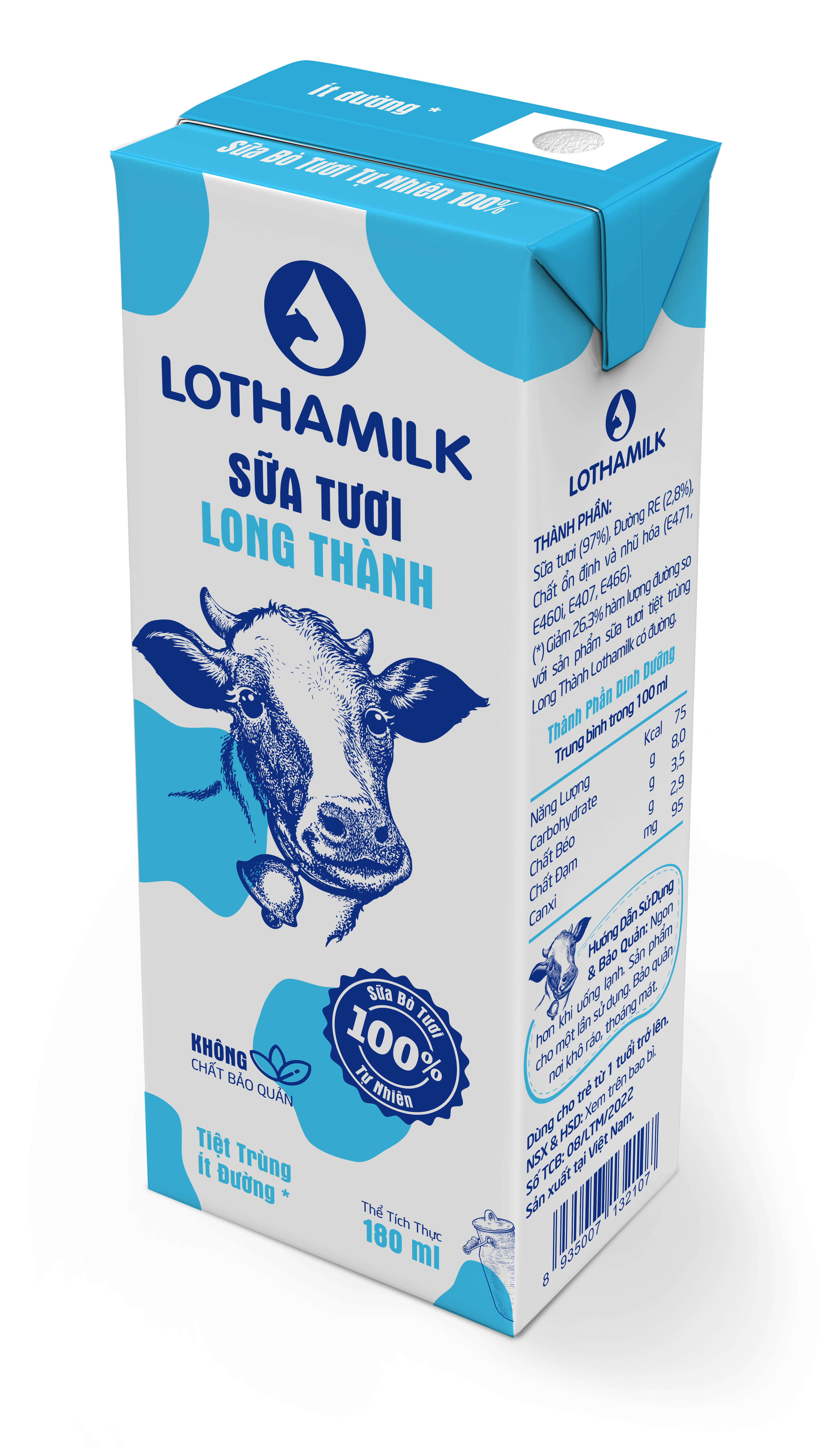 Thùng 48 Hộp Sữa Tươi Tiệt Trùng Lothamilk Ít Đường 180ml