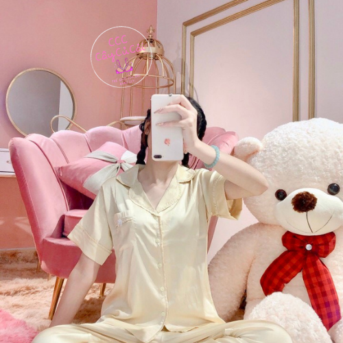 Bộ pijama satin túi nơ vải siêu mát mẻ, bộ đồ ngủ pyjama nữ tiểu thư dễ thương CCC20
