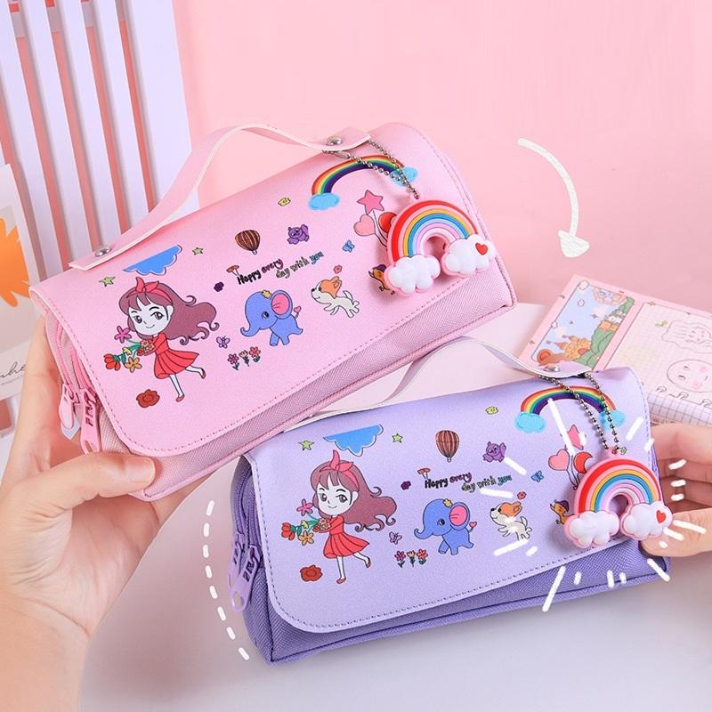 Hộp Bút Vải Nhiều Ngăn Cho Bé Gái Có Quai Xách BU11