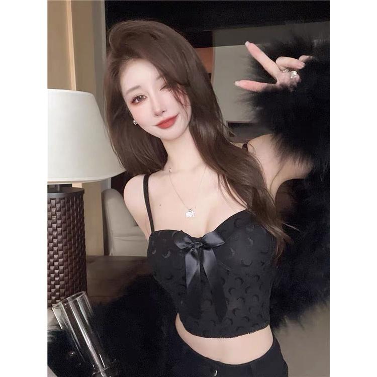 M43. Áo 2 dây croptop ren họa tiết mặt trăng, áo nữ kiểu ren nơ có sẵn mút ngực (có sẵn - miễn ship)