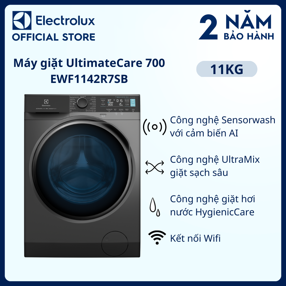 Máy giặt cửa trước Electrolux 11kg EWF1142R7SB - Giặt sạch 49 loại vết bẩn, diệt khuẩn 99.9% bằng hơi nước, kết nối Wifi, tư vấn chăm sóc quần áo [Hàng chính hãng]