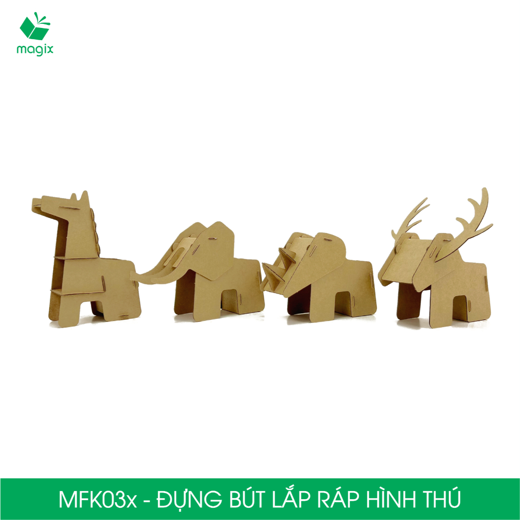 MFK03.CB01 - Combo 4 hộp đựng bút lắp ghép giấy carton hình thú - con voi, tê giác, con hươu, con ngựa