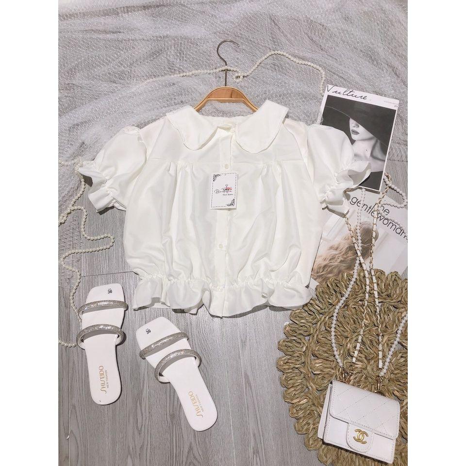 Áo Sơ Mi Cộc Tay Dáng Ngắn Viền Bèo Cổ Sen F029