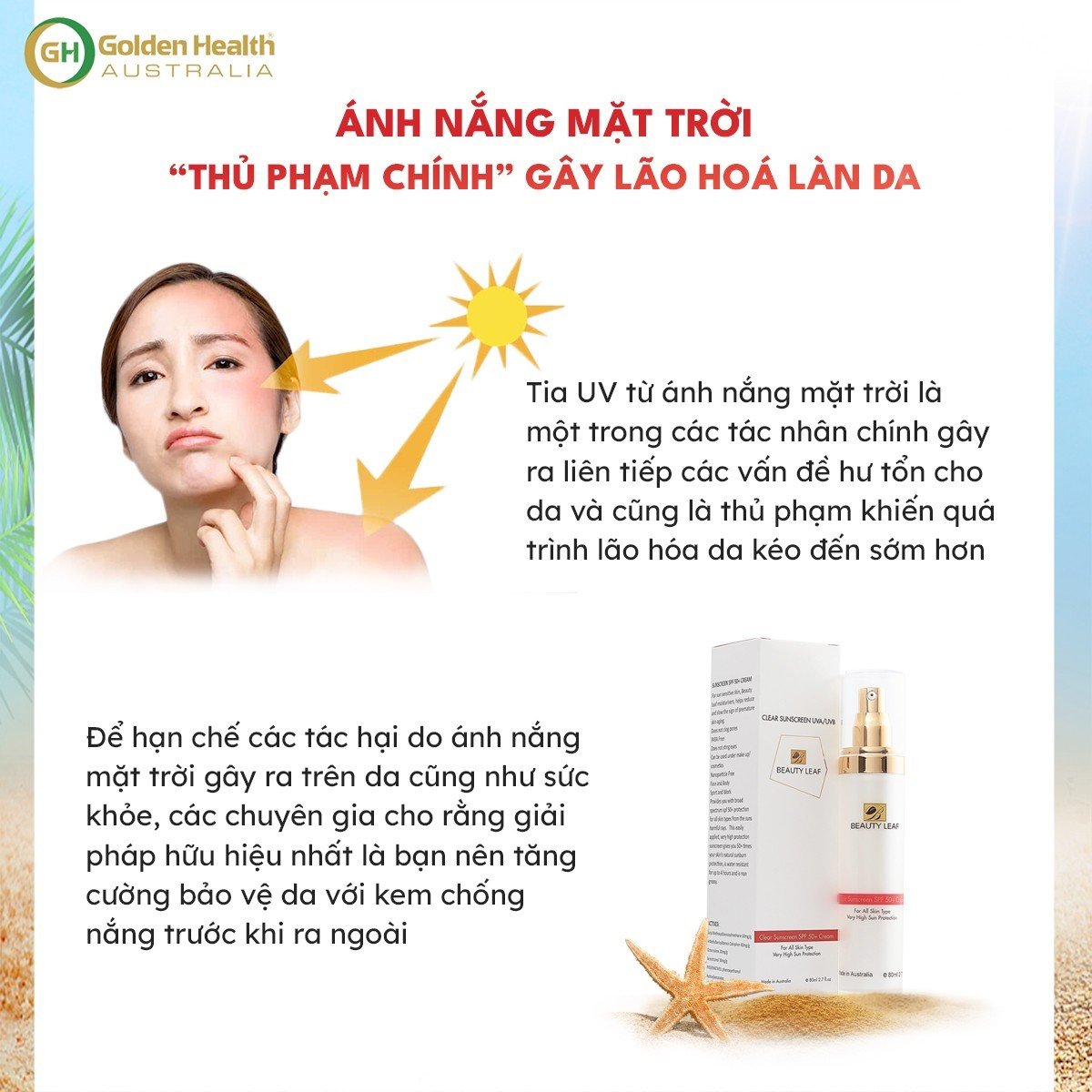 [GOLDEN HEALTH] Kem Chống Nắng Dưỡng Trắng Da, Kháng Nước Beauty Leaf Clear Sunscreen UVA/UVB SPF 50+ (Chai 80ml)