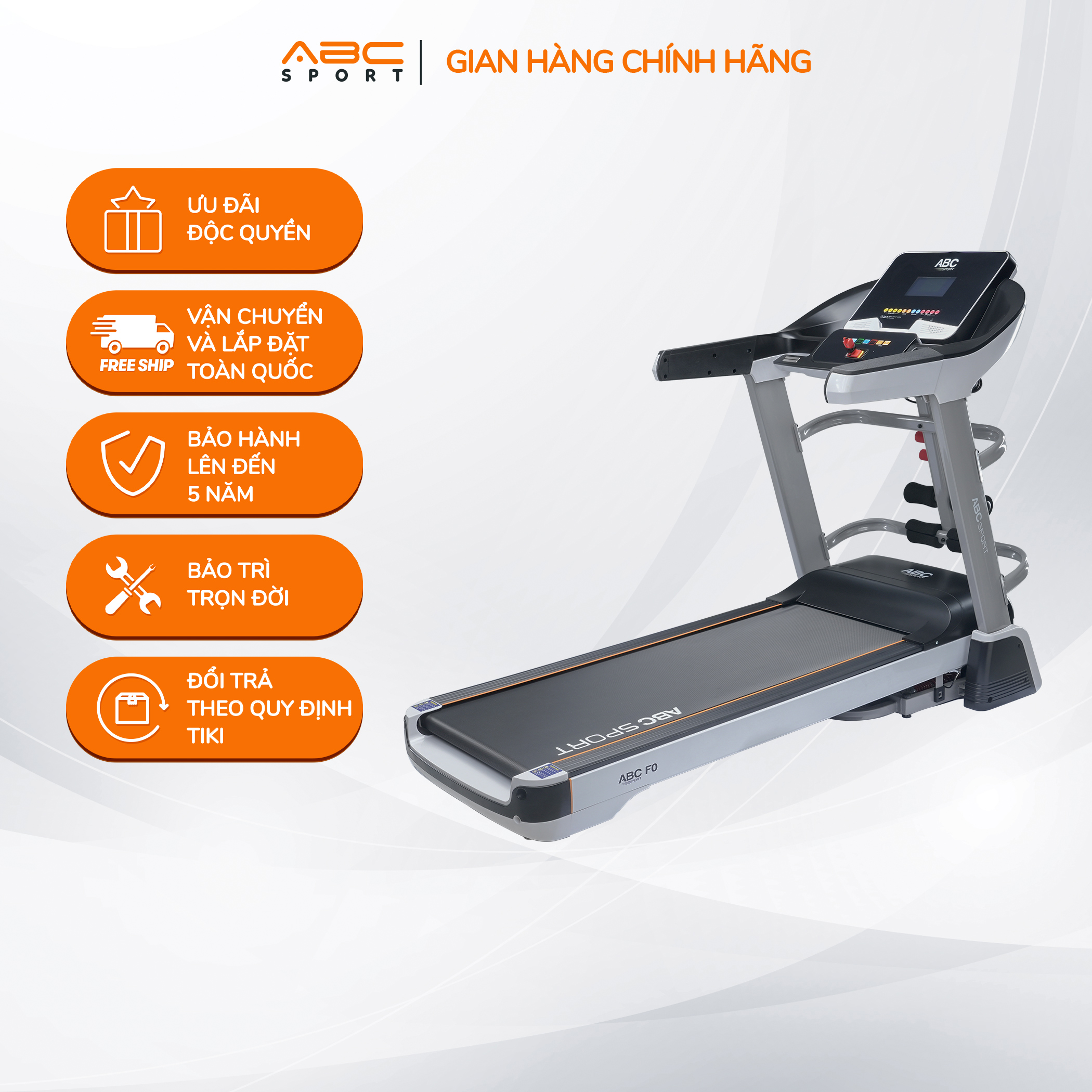 Máy chạy bộ đa năng ABCSport F0, tải trọng tối đa 170kg, hệ thống giảm xóc hiện đại, màn hình hiển thị cảm biếng LED, nâng dốc tự động đến 18%