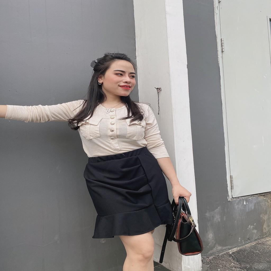 Áo thun dăm nữ dài tay, co giãn,nhiều cúc trước ngực tôn dáng freesize đến 75kg