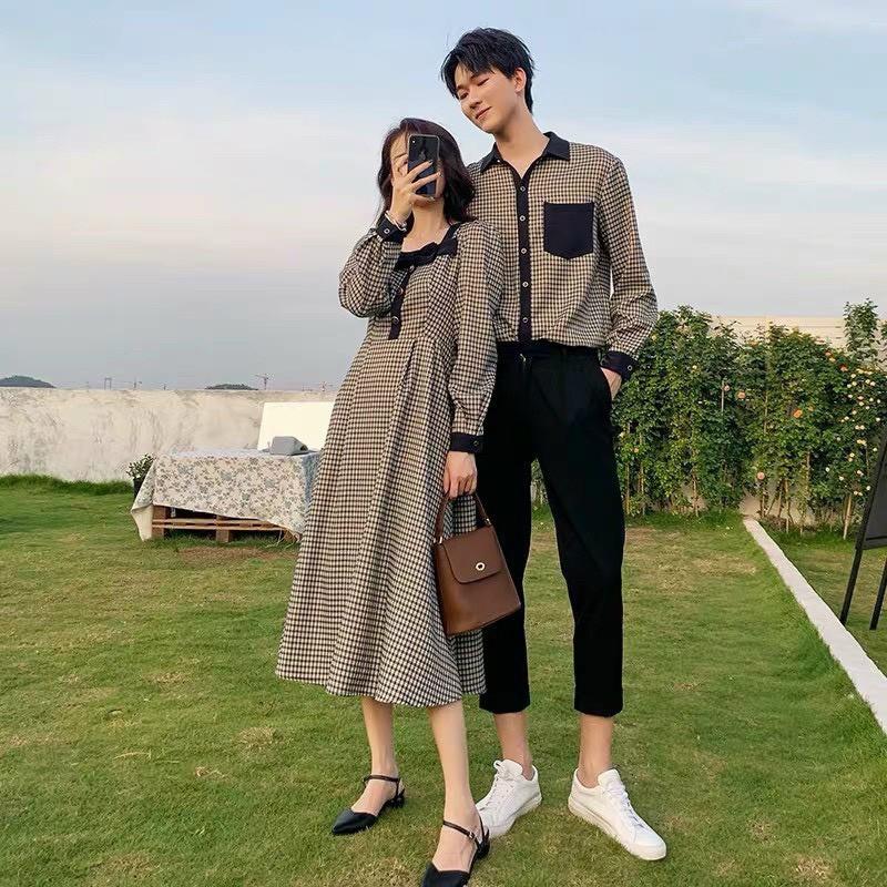 ÁO ĐÔI Set áo váy sơ mi đôi caro nam nữ màu đen cao cấp chất đẹp couple VSM AV37