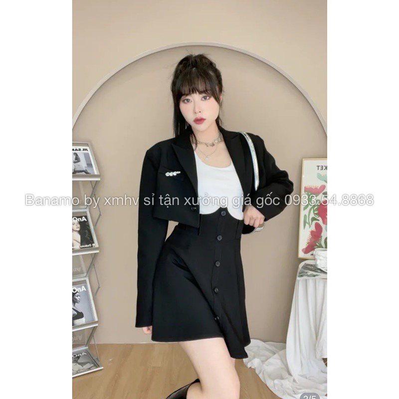 Chân váy xòe cạp cao phối nhung cúc dọc có BIGSIZE thời trang Banamo Fashion 5323