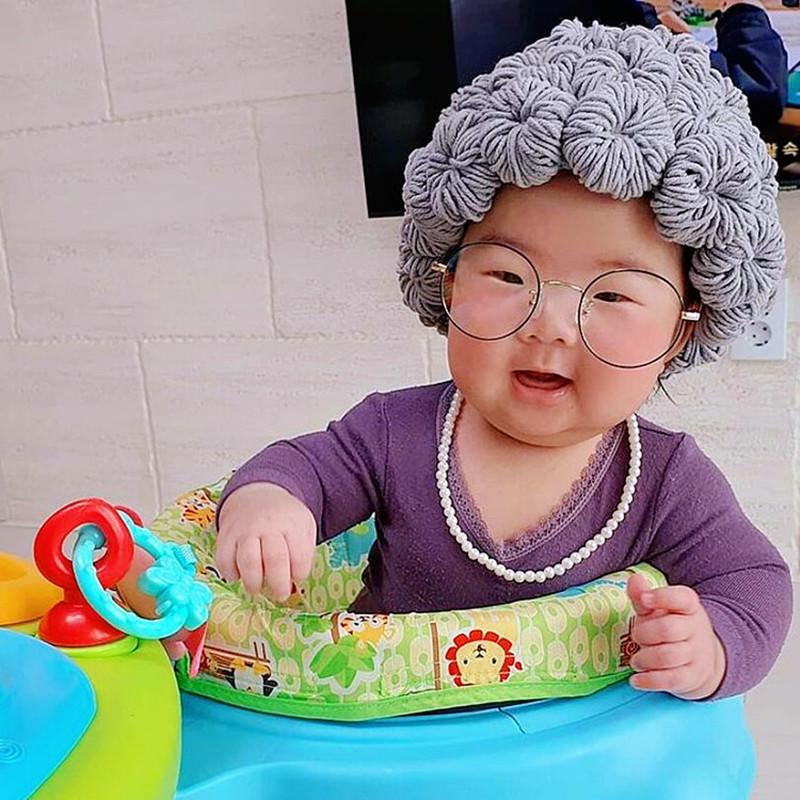 Trẻ Em Nón Bé Gái Bé Trai Dễ Thương Bà Già Người Phụ Nữ Tóc Tóc Giả Bộ Đội Beanies Sợi Len Dệt Kim Trẻ Em Bé Mũ Chụp Ảnh đạo Cụ 3M-5T