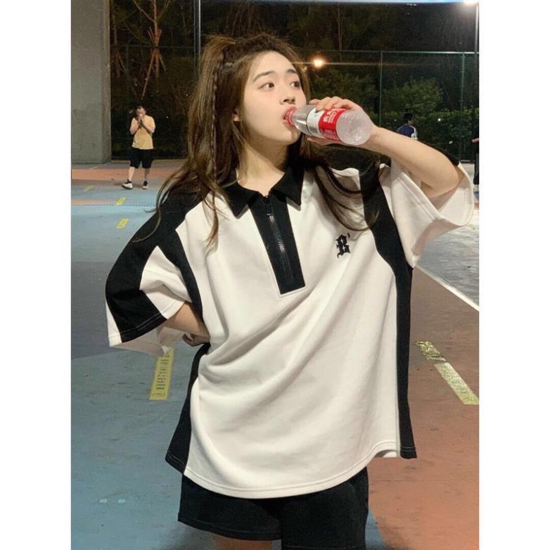 Áo Polo Cổ Khóa Pha Đen Trắng Thêu Sao Unisex Dáng Rộng