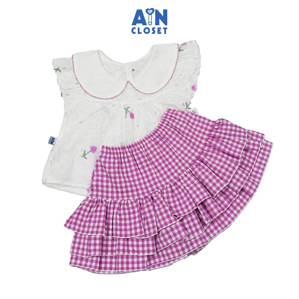 Bộ quần áo Ngắn bé gái họa tiết Caro Hoa Tím Cotton - AICDBGVJPB9U - AIN Closet