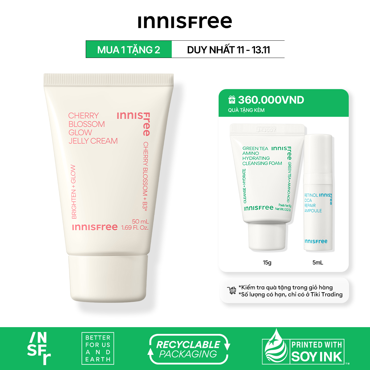 Gel dưỡng ẩm sáng da từ hoa anh đào đảo Jeju innisfree Cherry Blossom Jelly Cream 50ml