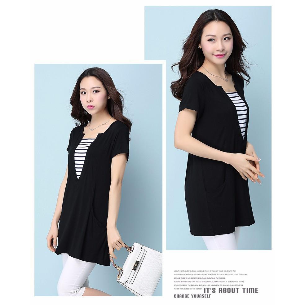 TK186N-ÁO THUN FORM DÀI PHỐI SỌC 2 TÚI S-6XL