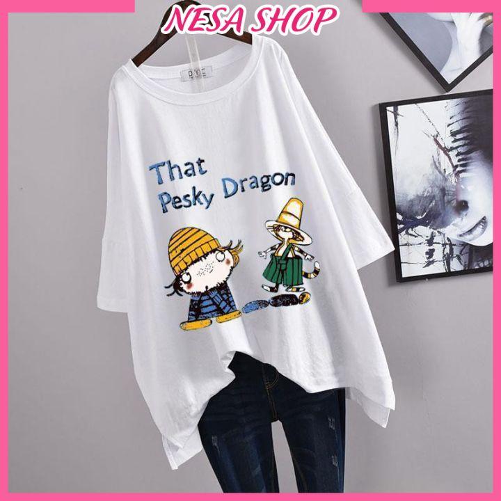 Hình ảnh Áo thun nam nữ form rộng, Áo phông tay lỡ, chất liệu thun cotton co giãn, áo unisex in chữ That Pesky Dragon NeSa Shop