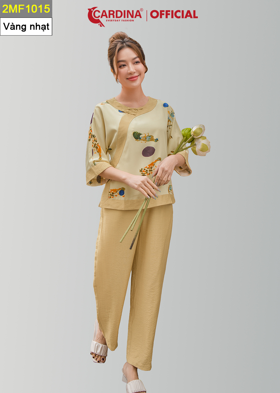 Đồ Bộ Nữ CARDINA Cao Cấp Bộ Đi Chùa Áo Lụa Mango Họa Tiết Cổ Tấc Cách Tân Tay Lỡ Quần Dài Chất Đũi Bamboo 2MF10