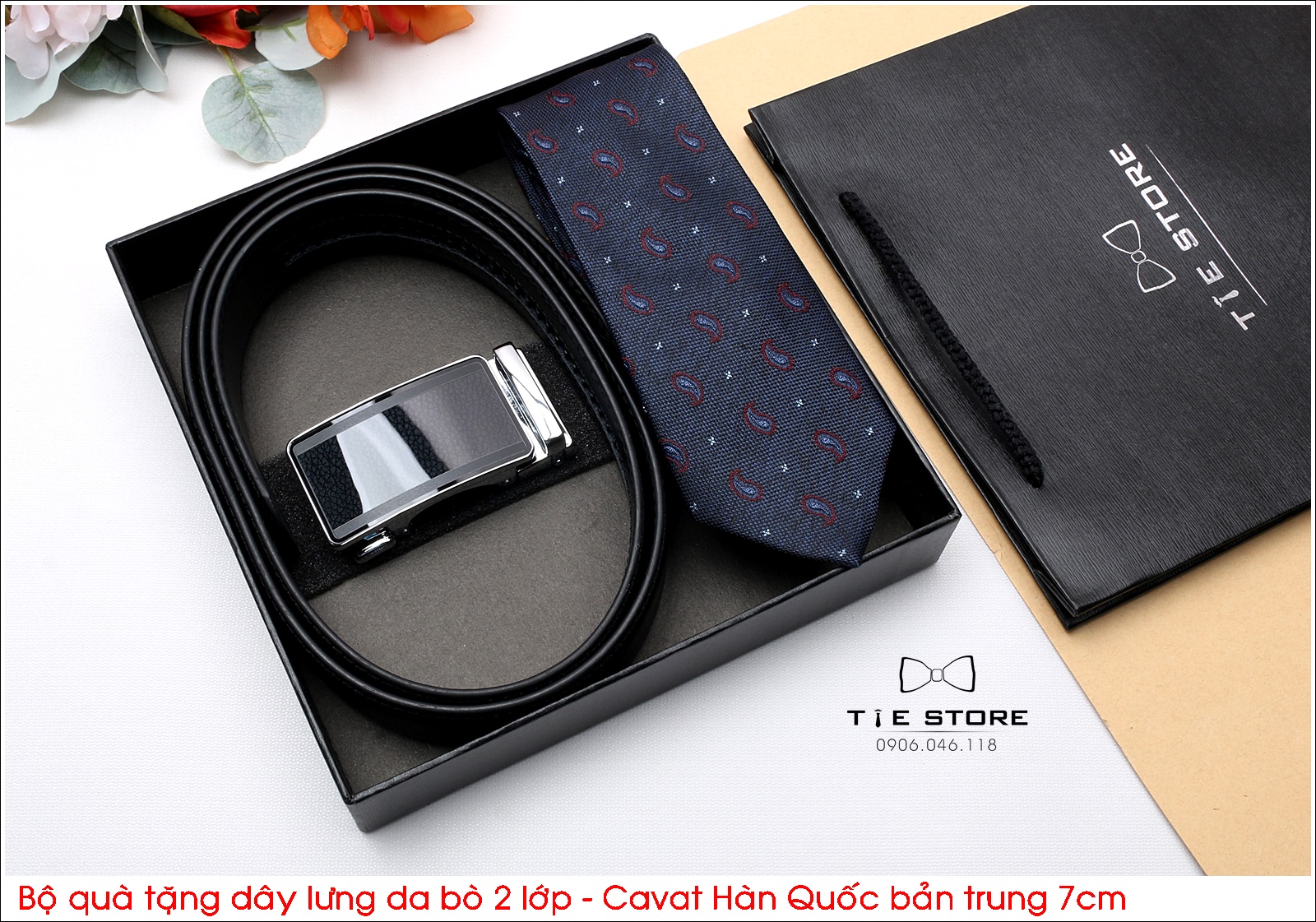 Bộ quà tặng thầy, tặng người thân, tặng sếp, Dây lưng da bò 2 lớp - Cavat hàn quốc bản trung 7cm - Full box MS2