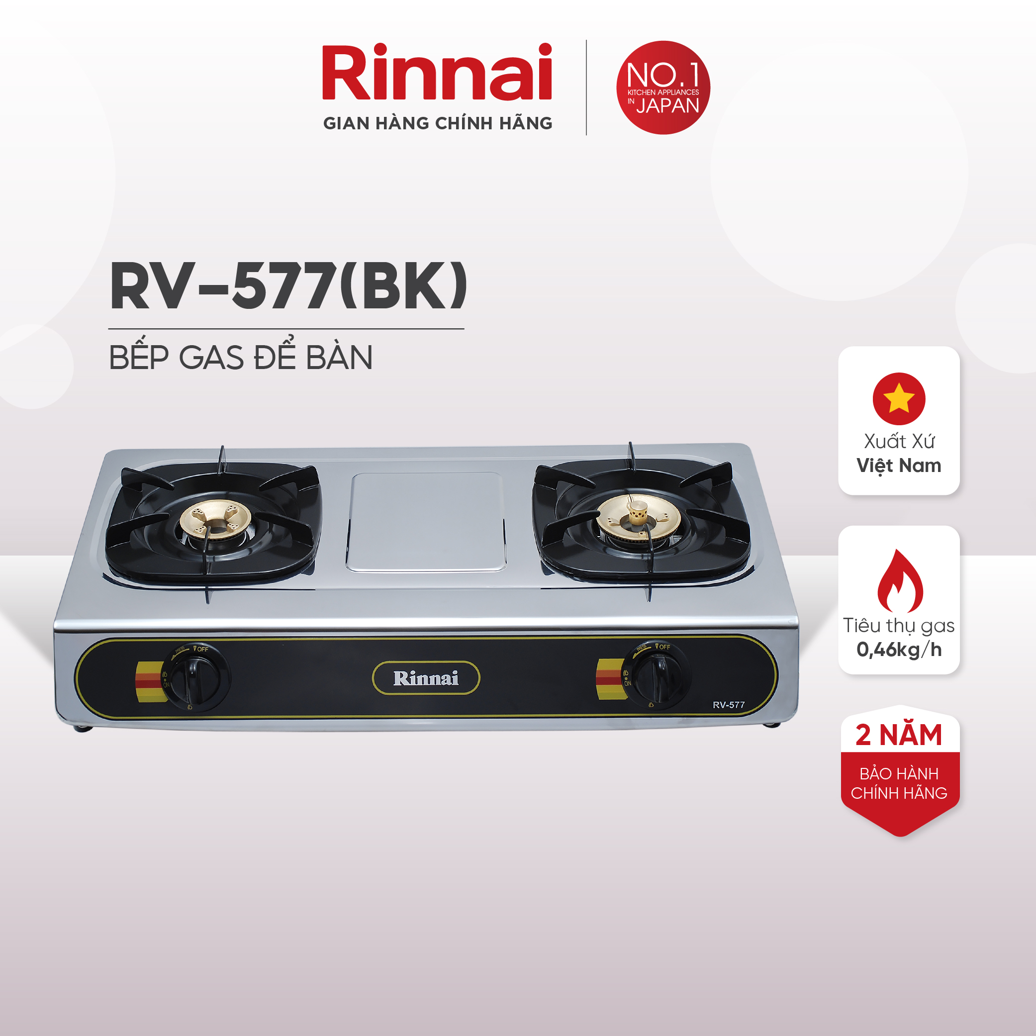 Bếp gas dương Rinnai RV-577(BK) mặt bếp inox và kiềng bếp men - Hàng chính hãng.