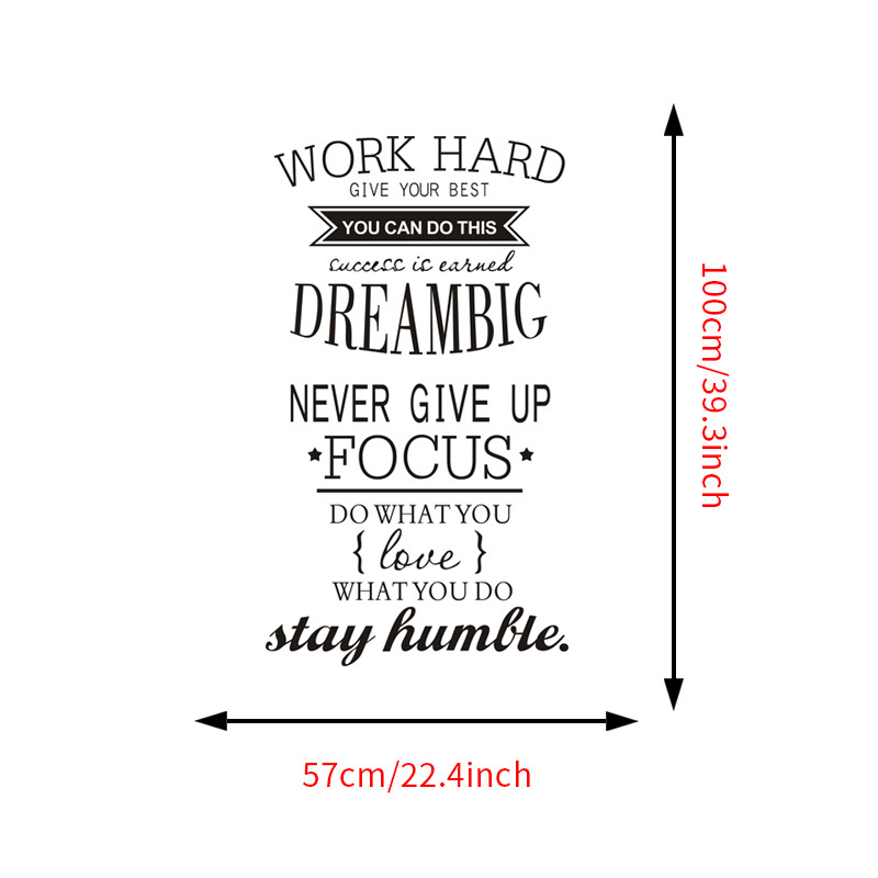 Decal dán tường Tiếng anh ý nghĩa và tạo động lực Work Hard - Dream Big - Never give up (57 x 100 cm)