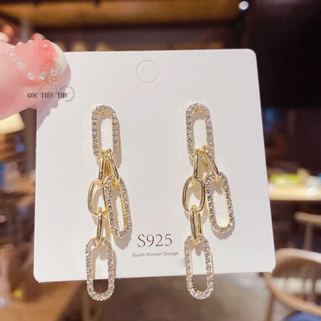 Bông Tai Rơi Xích Tròn Đính Đá Bạc s925 - Trang Sức Phong Cách Hàn Quốc - HT006
