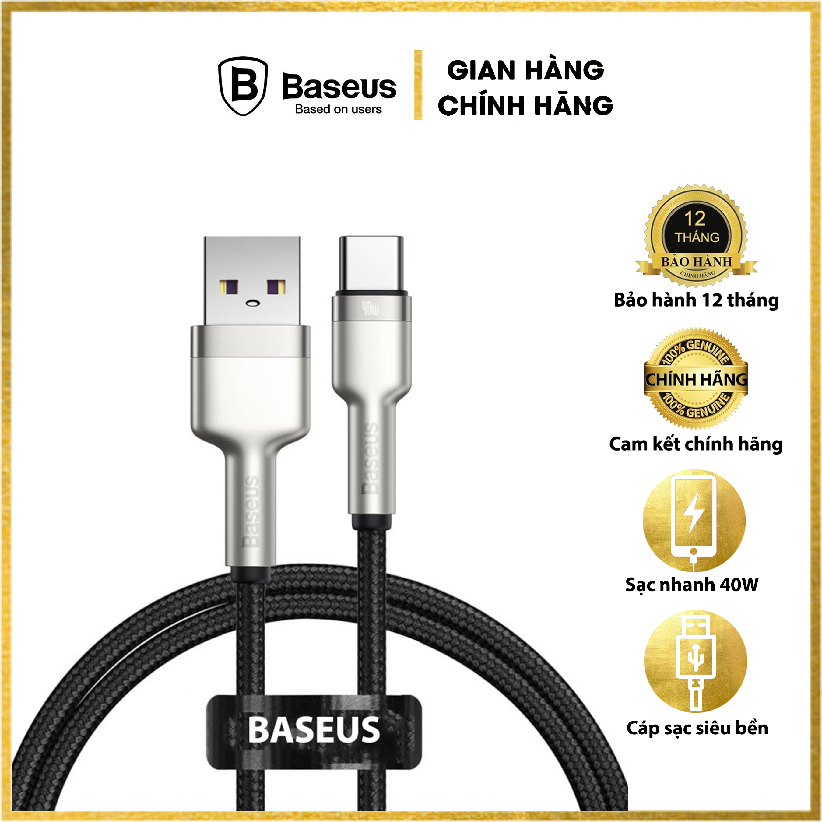 Dây sạc nhanh Baseus 40W Type C, Cáp sạc nhanh Baseus PD 40W Metal Charging Cables USB To Type-C Charger Data Line - Hàng chính hãng